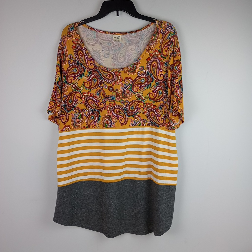 Terra & Sky Women 0X Yellow Paisley Stripe Colorblock Short Sleeve Tunic Top